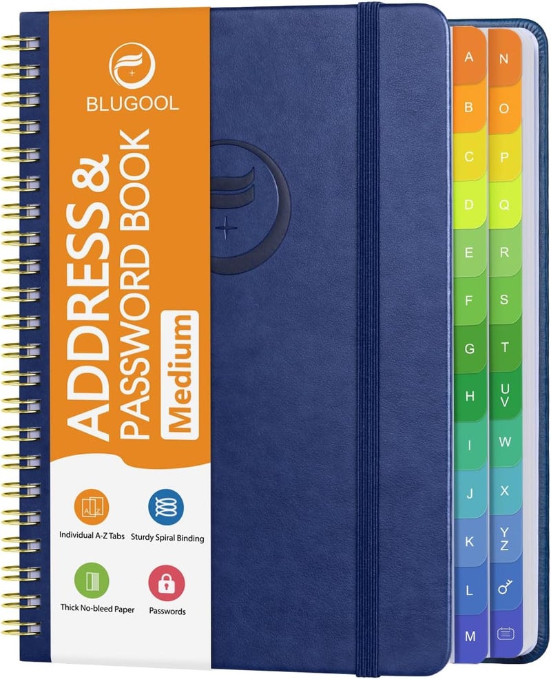 Blugool Address Book with Alphabetical Tabs-Address and Password Book for Seniors - Hardcover Spiral Bound Phone Book- Record Contacts, Website Login Passwords, Special Days -5.7" x 7.7", Navy Blue - Image 1